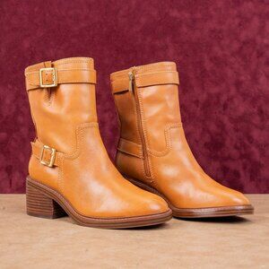 Vince Camuto Women Vergila Caramel Leather Moto Biker Chunky Boots Size 8.5